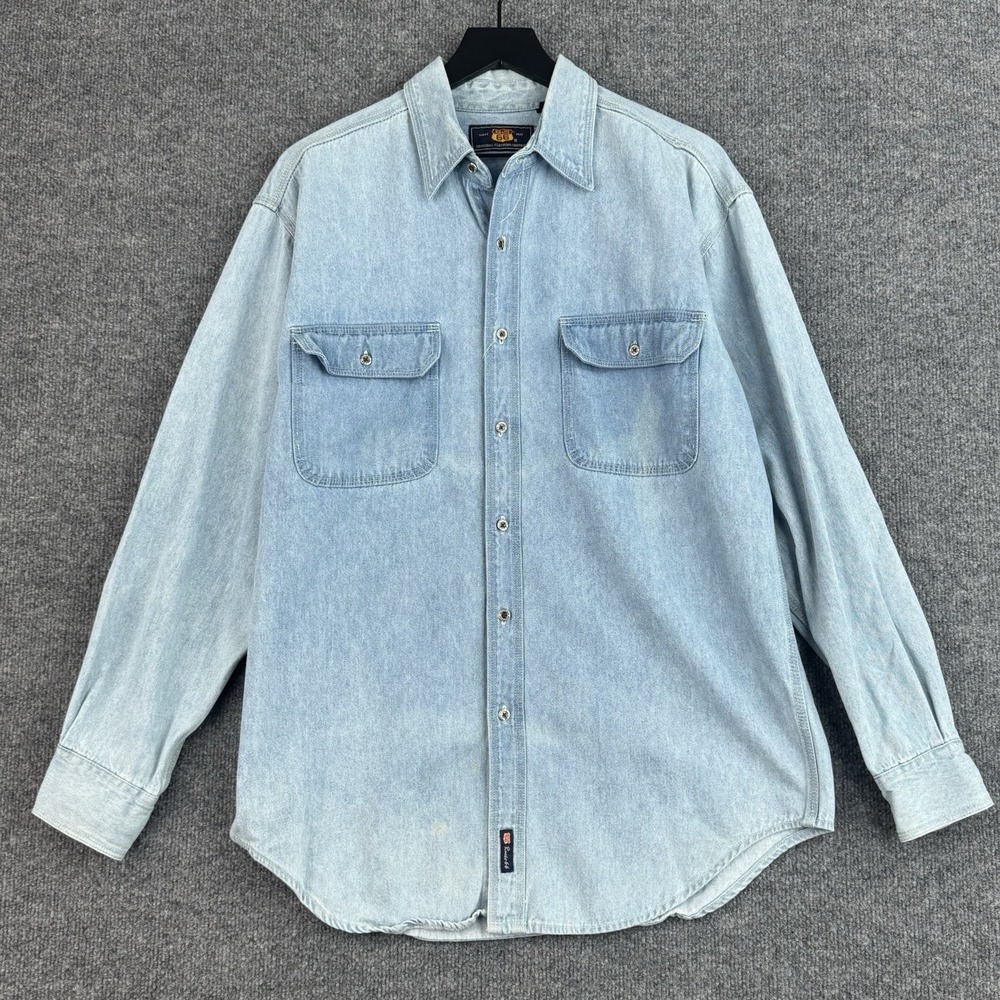 Vintage Route 66 Denim Button Up Shirt Mens M Blue Utility Faded Long Sleeve